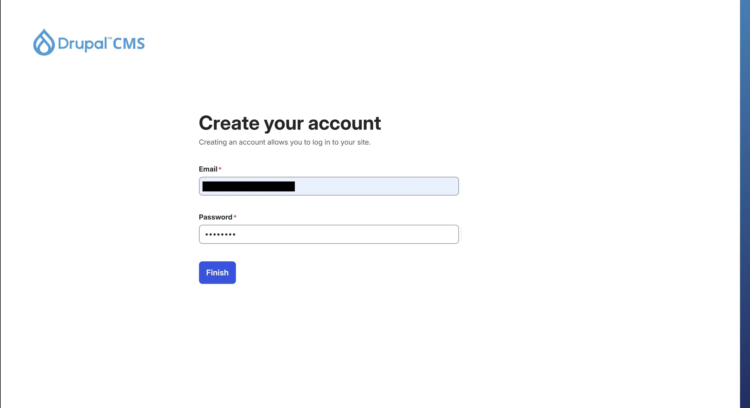 A screenshot of the Drupal CMS with a form to create your website account.