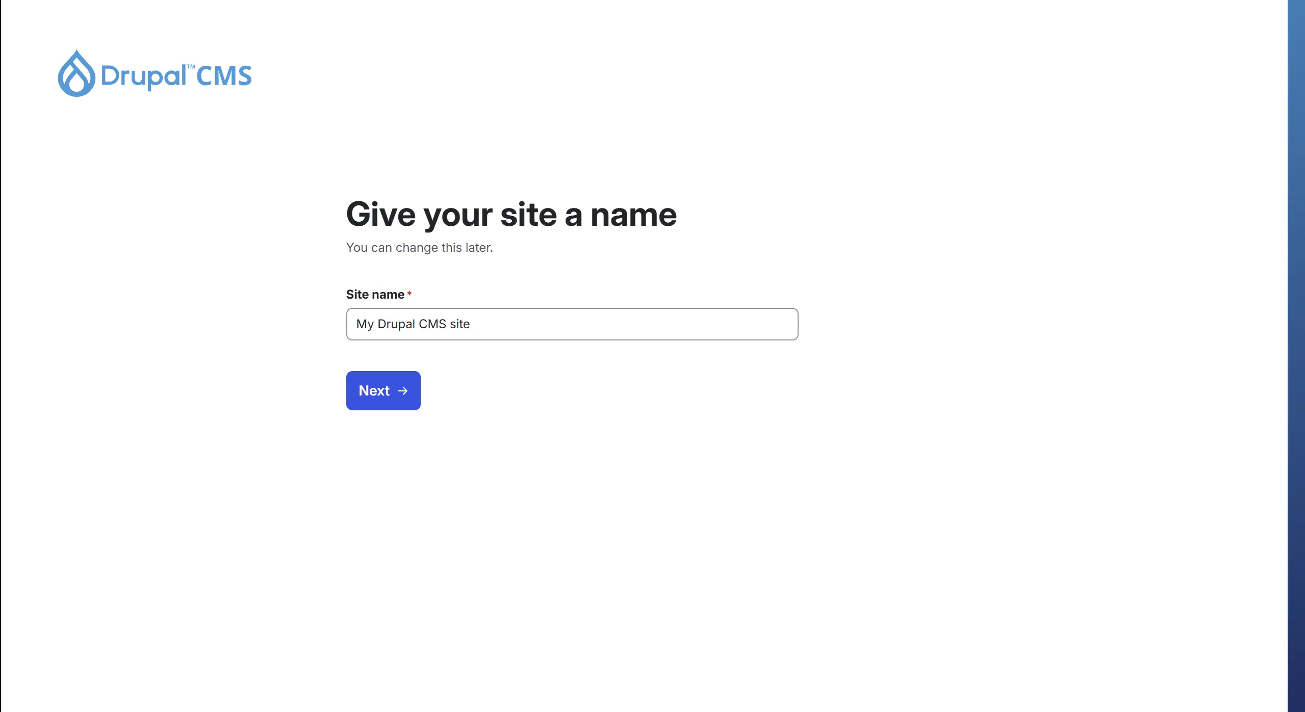 A screenshot of Drupal CMS, with a form to give your site a name.
