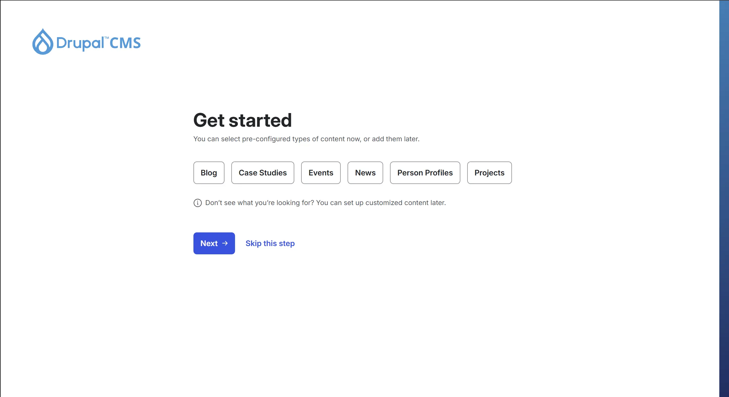 A screenshot of Drupal CMS starting page.