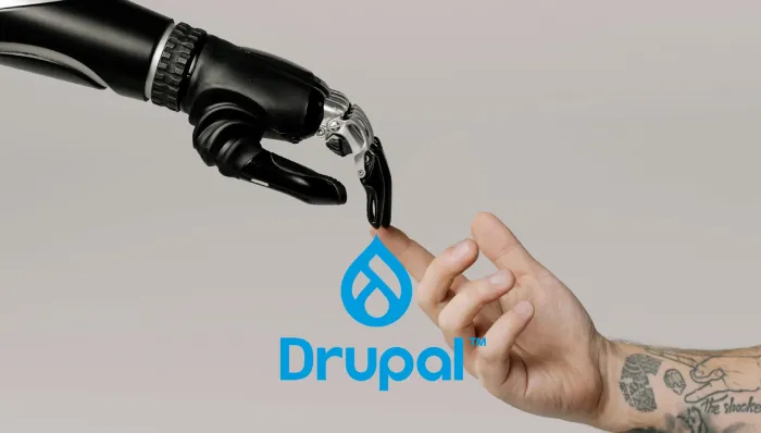 A robotic hand and a human hand reaching towards each other with the Drupal logo in the center.